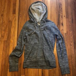 Heathered gray zip-up sweatshirt with a hood